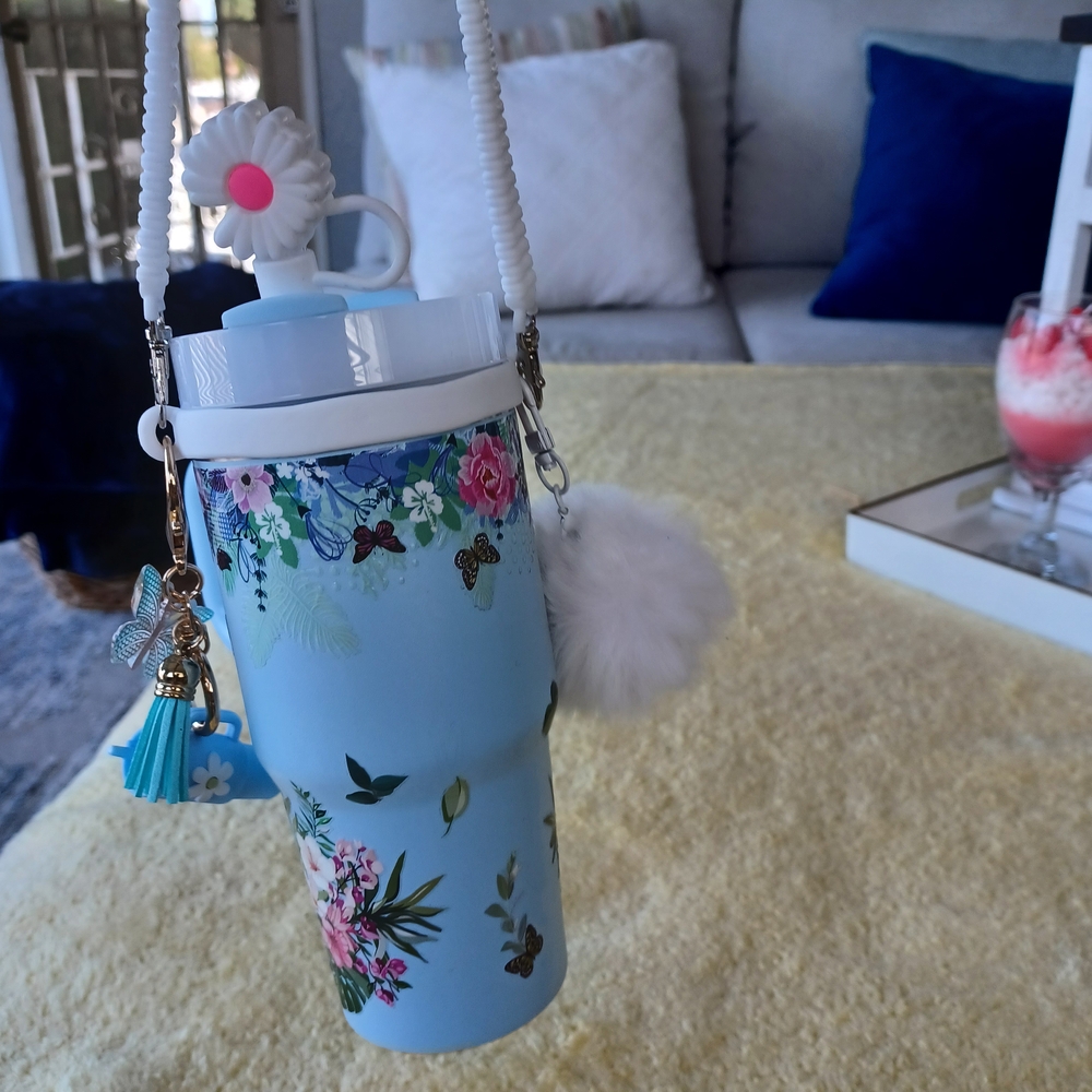 Floral Blue Tumbler with White Strap